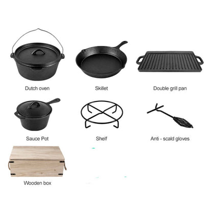 🔥READY STOCK🔥 Outdoor Camping 7 Piecee Pre-Seasoned Cast Iron Cookware Set by OHANA